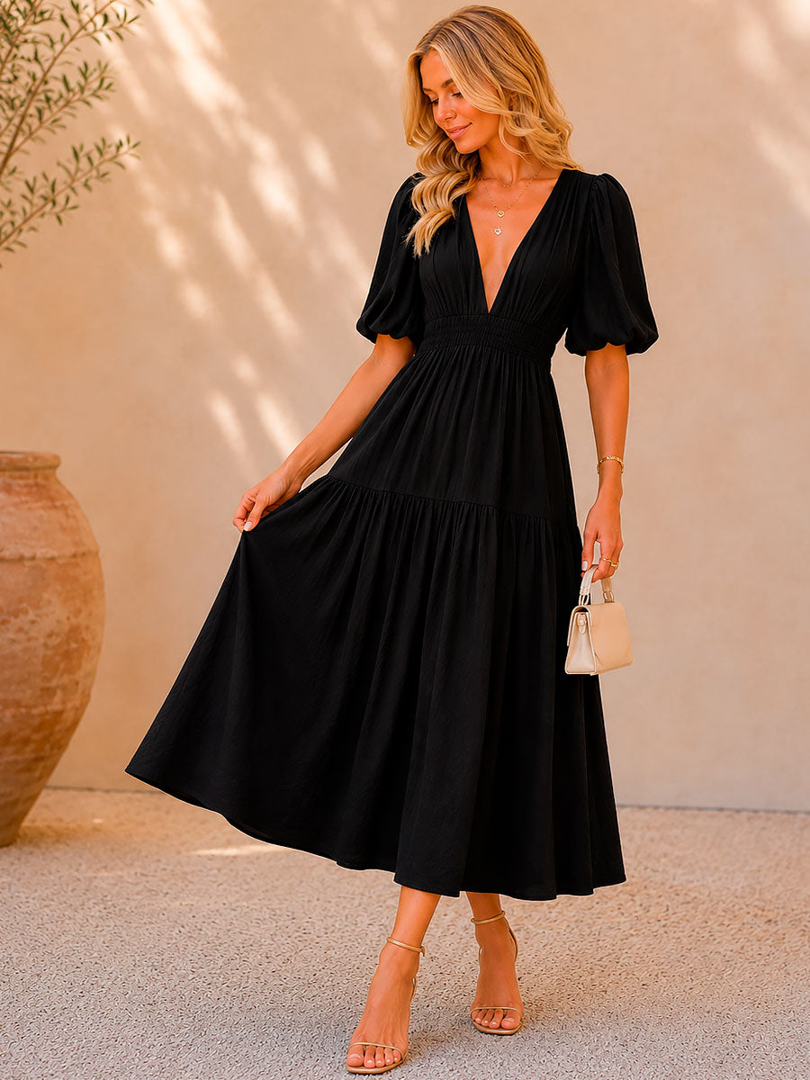 Damen Taillenkleid mit V-Ausschnitt in Midilänge Jully