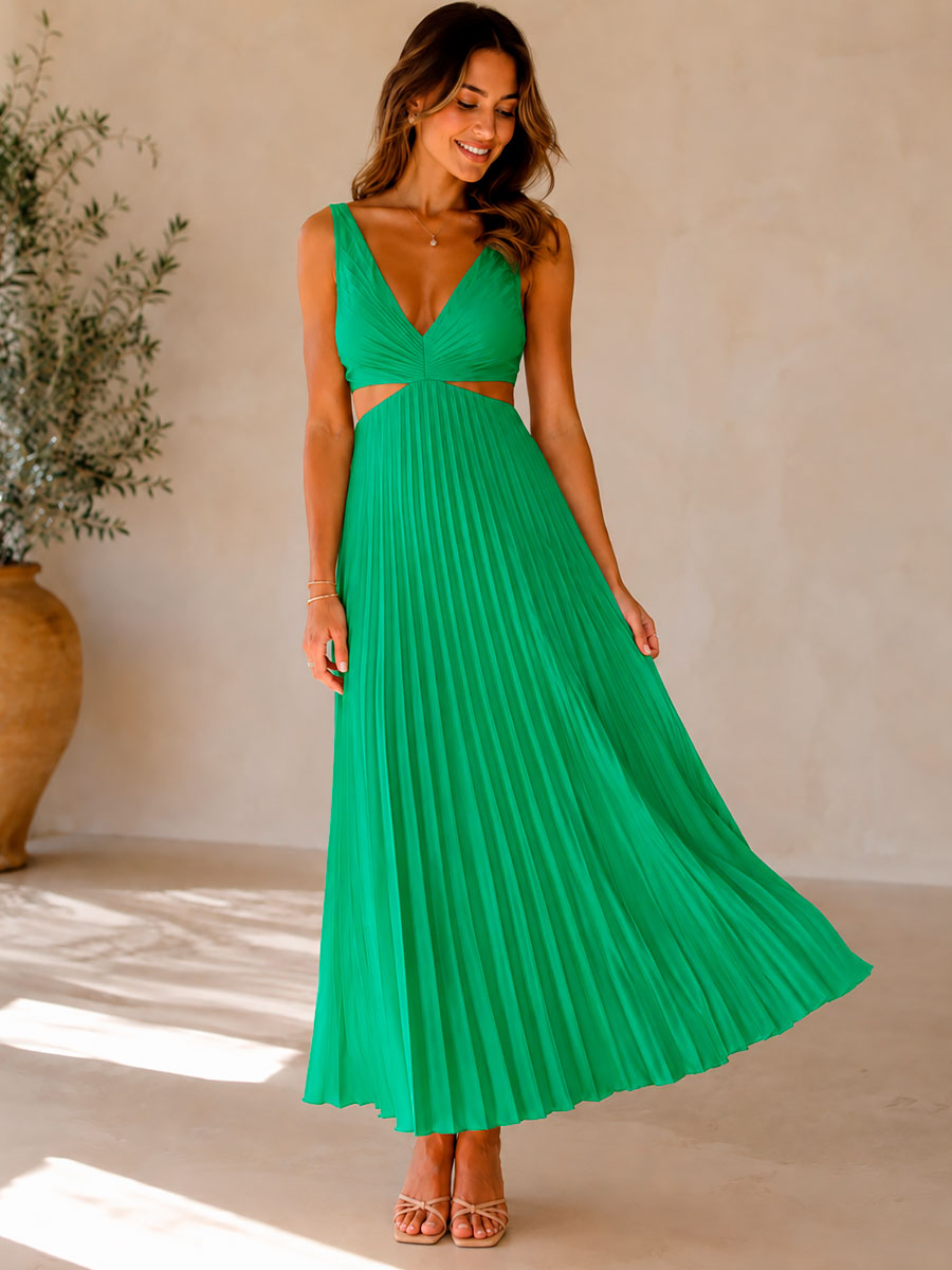 Damen Midi Kleid mit Cutout und Plissees in Schwarz Jully