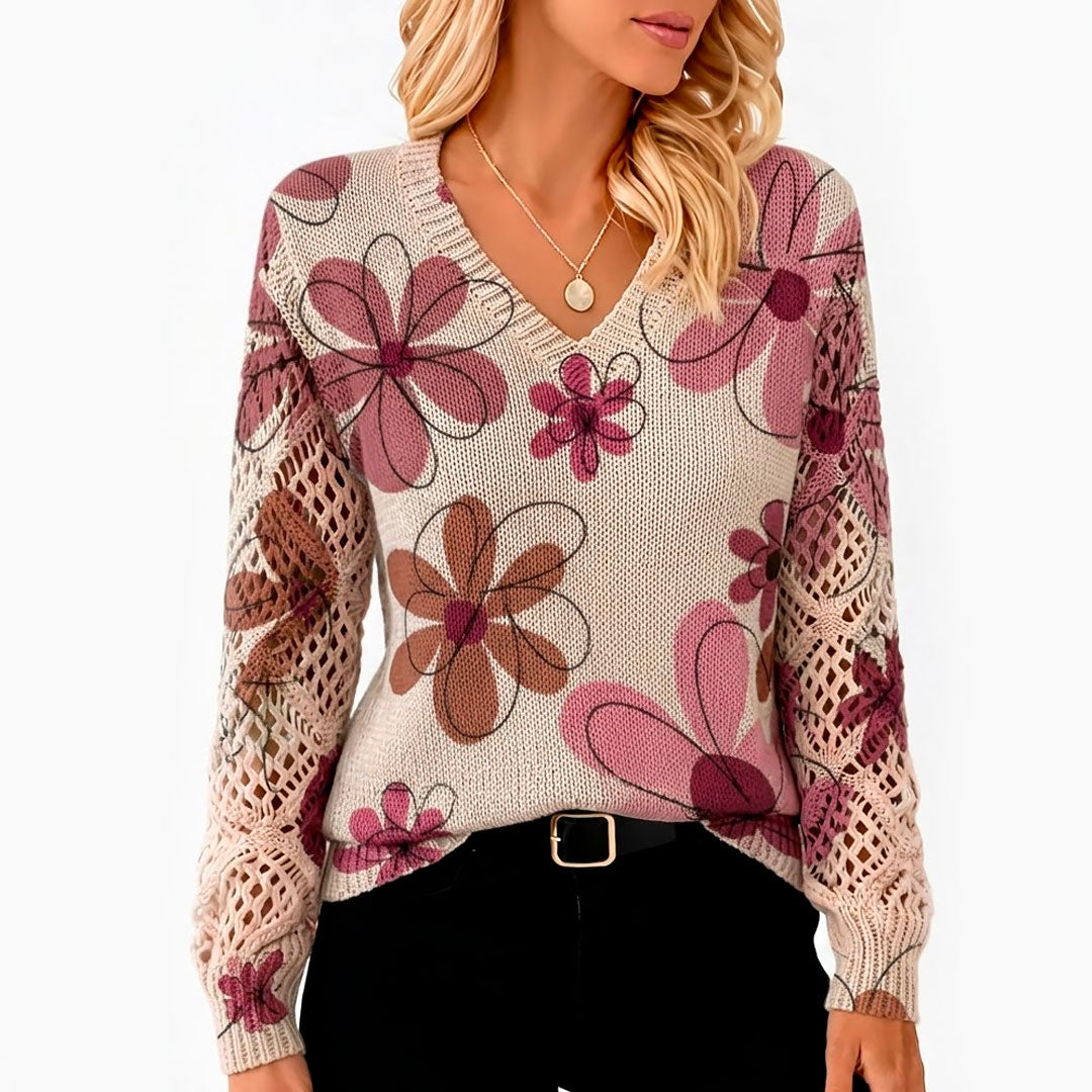 Damen Strickpullover mit Blumenmuster und V Ausschnitt Jully