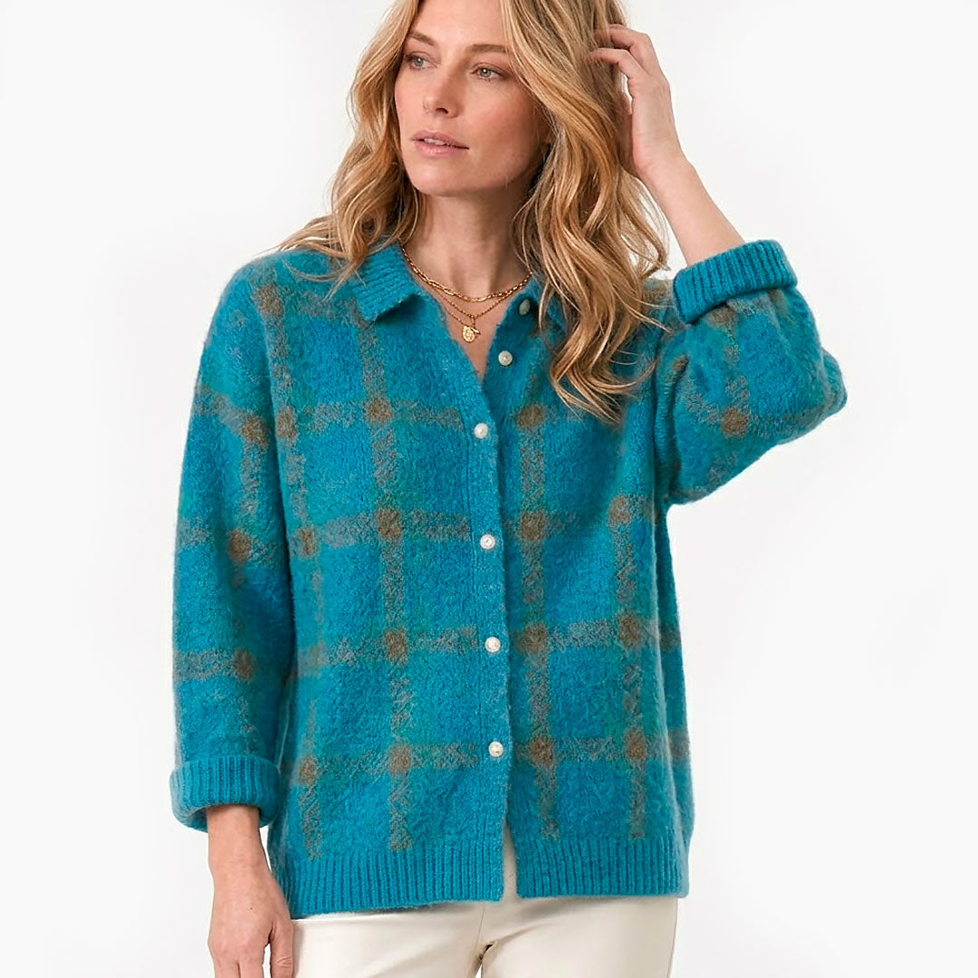 Damen Karierte Strickjacke mit Reverskragen und Knöpfen Jully