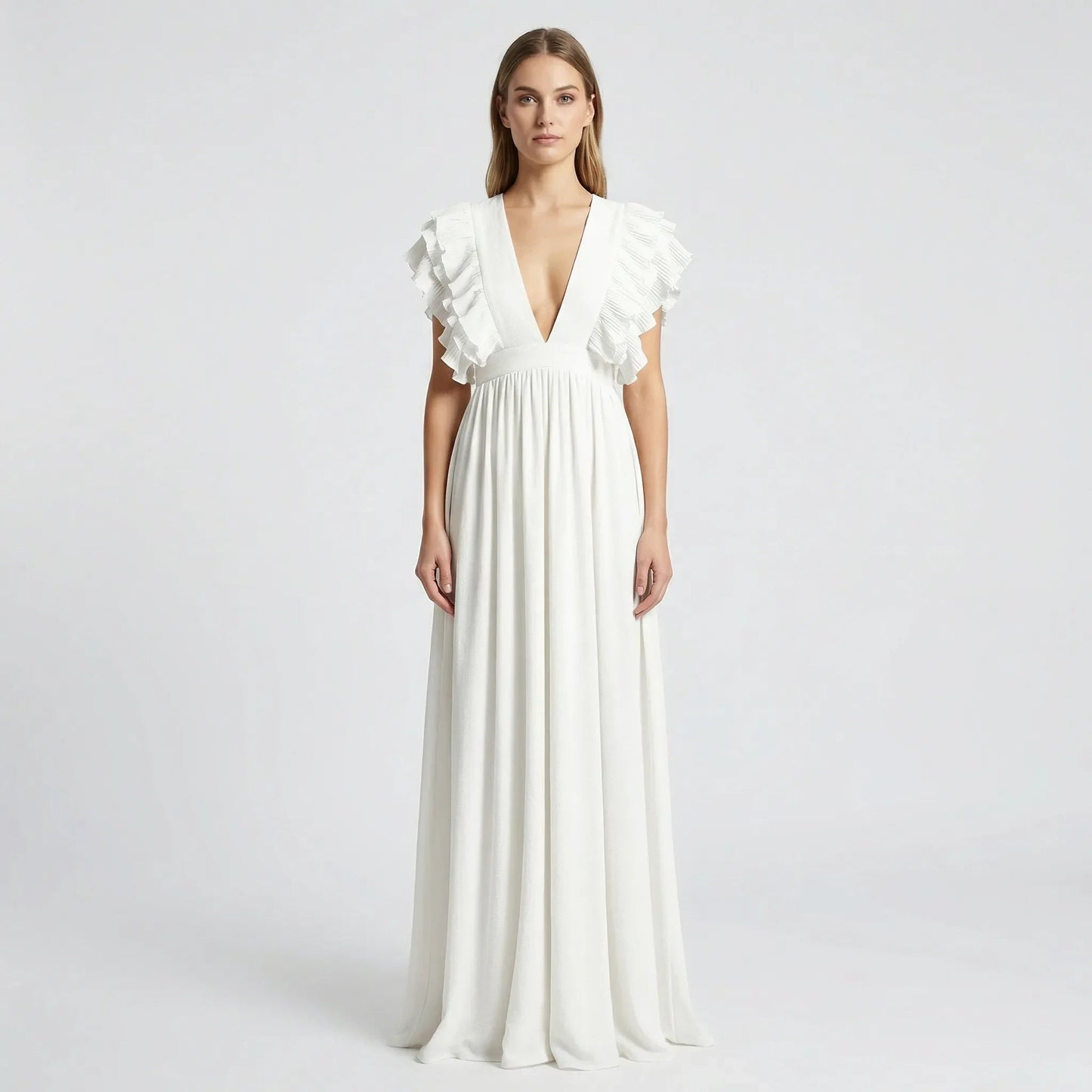 Damen Abendkleid mit Rüschenärmeln und V-Ausschnitt Jully