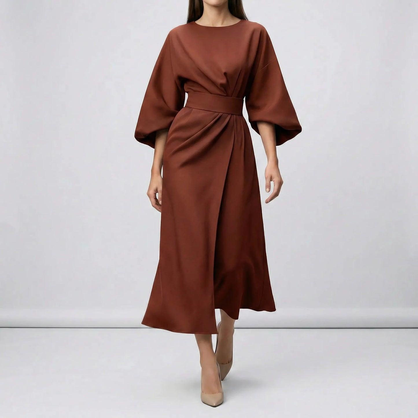 Damen Abendkleid mit Taillengürtel und Laternenärmeln Jully