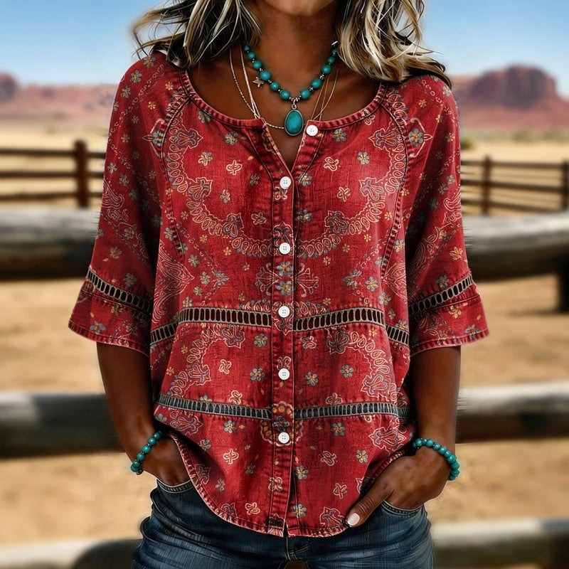 Damen Bluse mit ethnischem Druck und V-Ausschnitt Jully