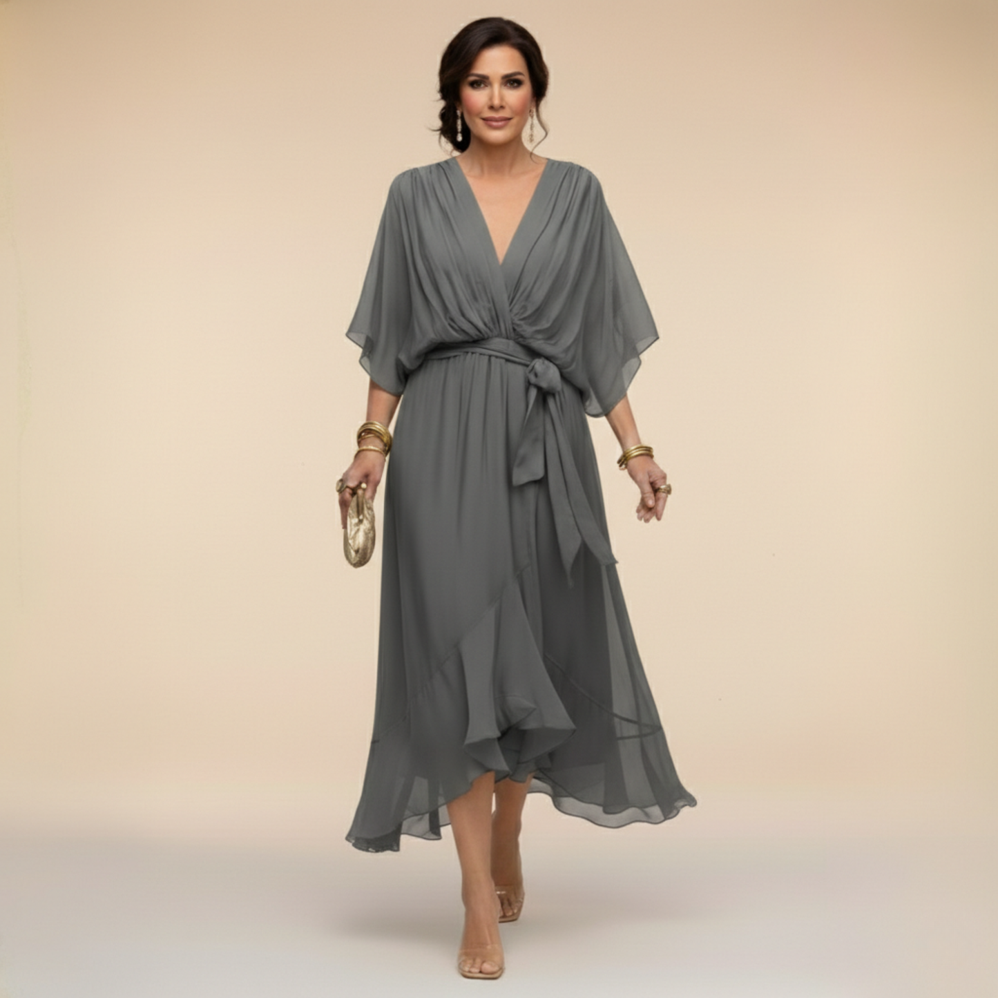 Damen Chiffonkleid mit V-Ausschnitt für Hochzeitsgäste Jully