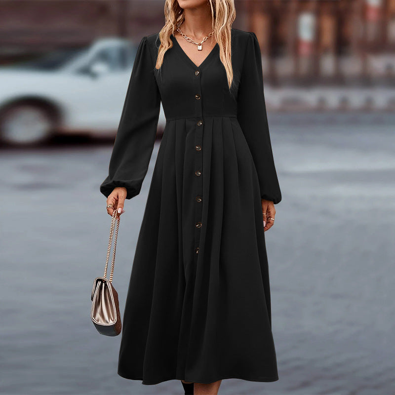 Damen Herbstkleid mit V-Ausschnitt und langen Ärmeln Jully