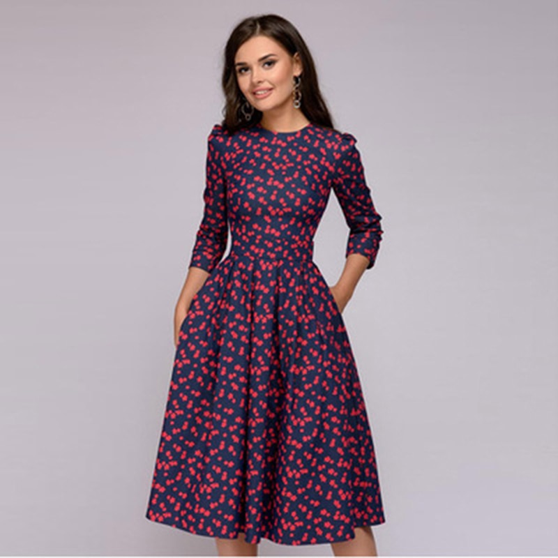 Damen Kleid mit Blumenmuster und drei Viertel Ärmeln Jully