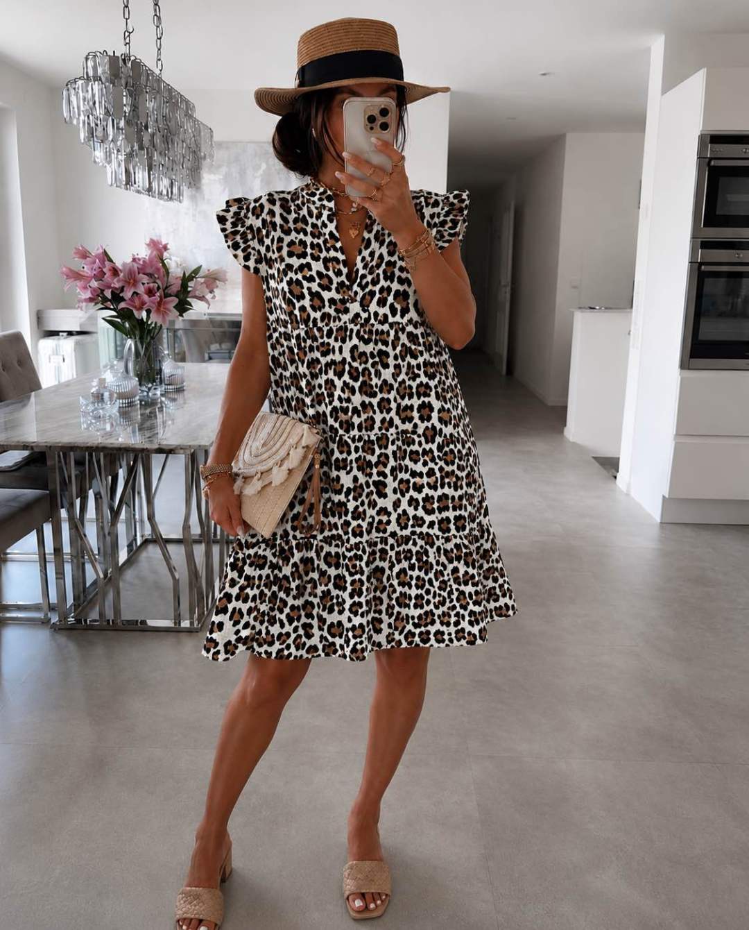 Damen Kleid mit Rüschenärmeln im Leopardenprint Jully