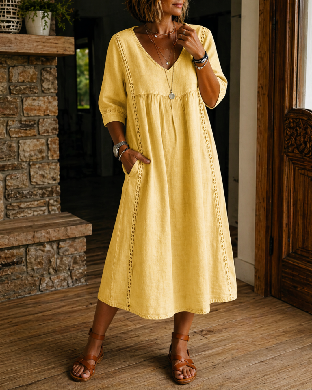 Damen Kleid mit V-Ausschnitt und Taschen Jully