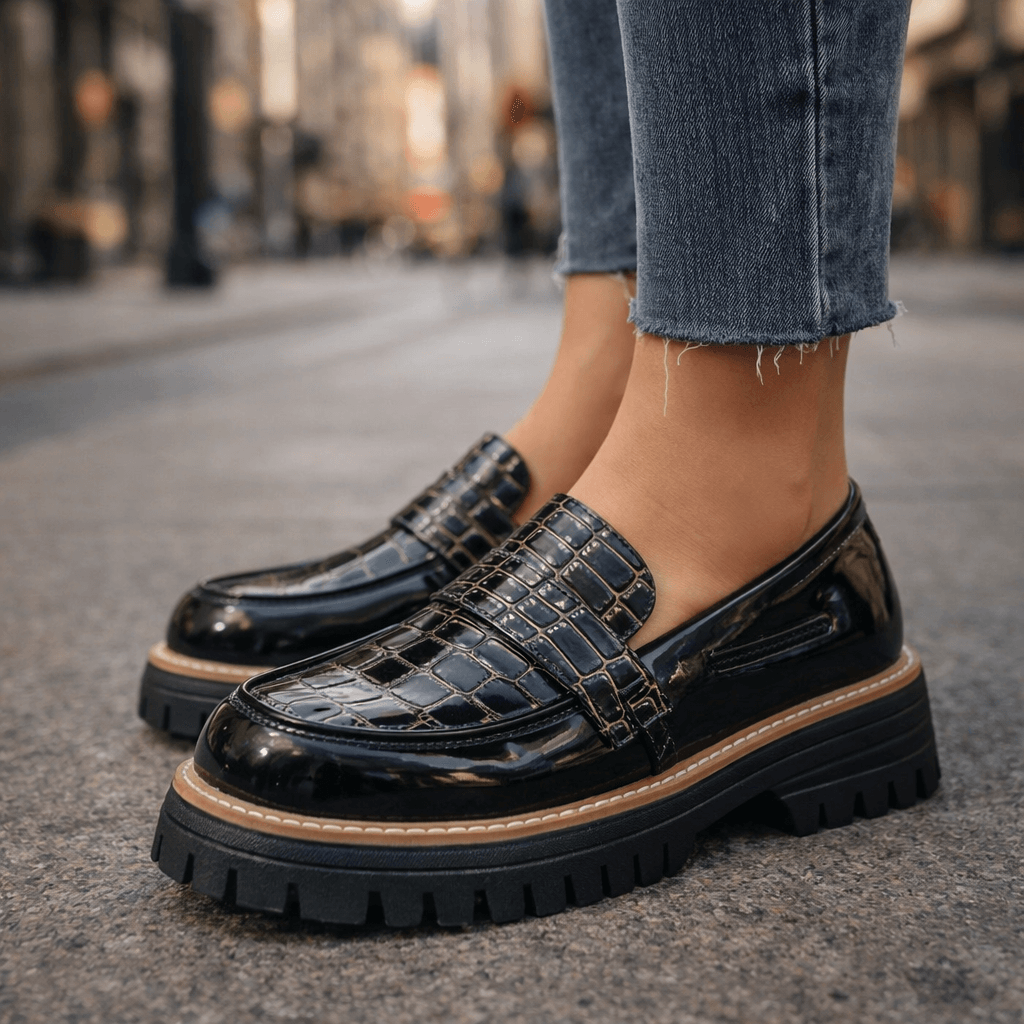 Damen Loafer Schwarz mit Krokoprägung und gepolstertem Fußbett Jully
