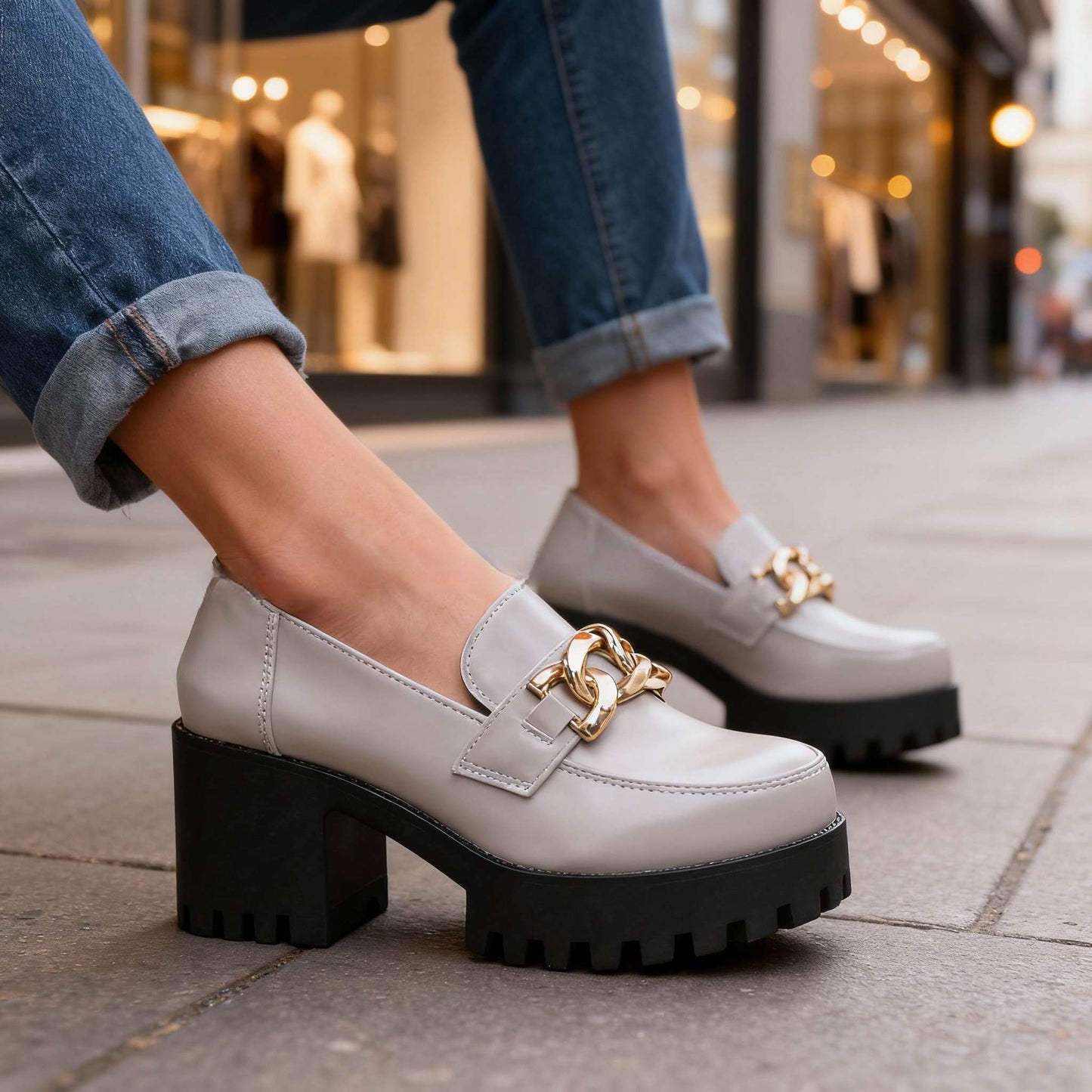 Damen Loafer mit Kettendetail und Blockabsatz Jully