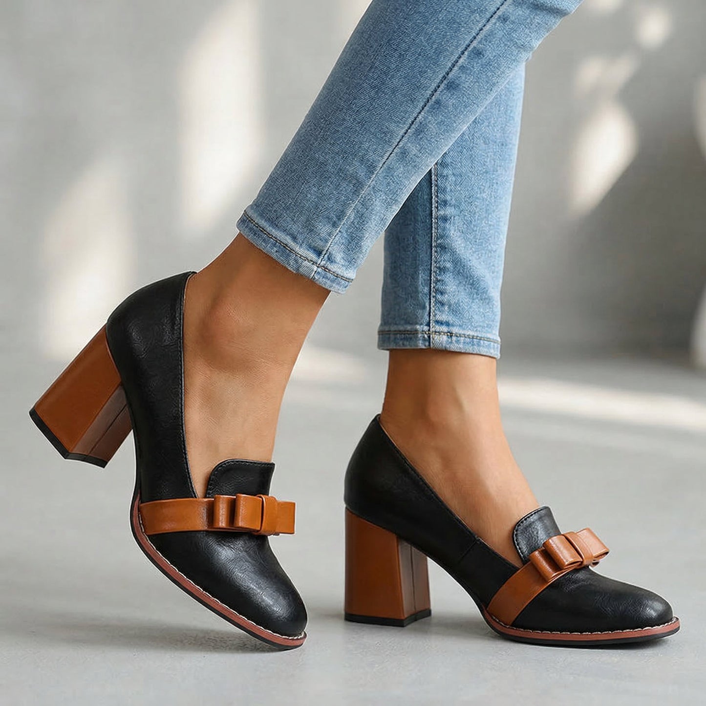 Damen Loafer mit Schleifenriemen und Blockabsatz Jully
