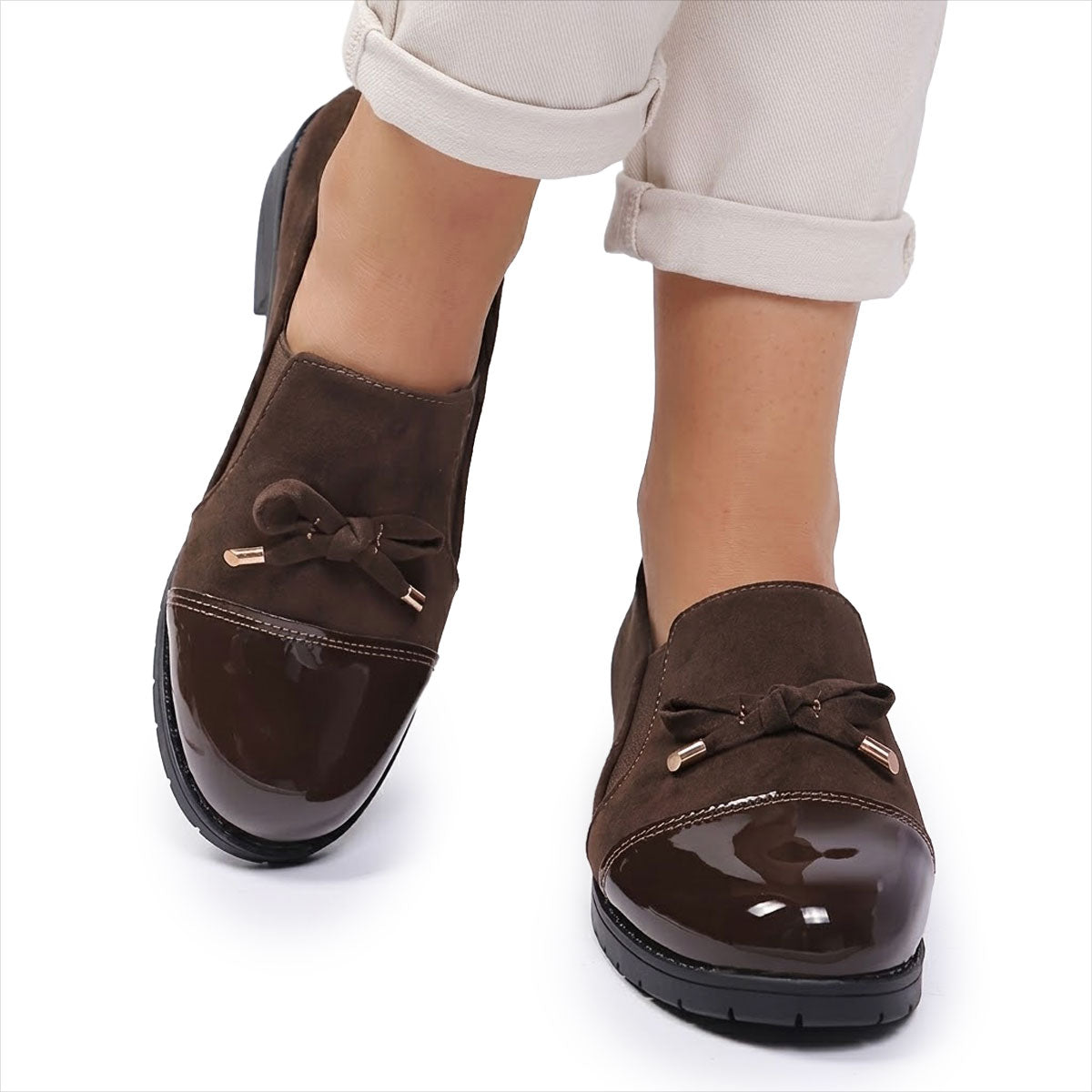Damen Loafer schwarz mit Schleife und Lackspitze Jully