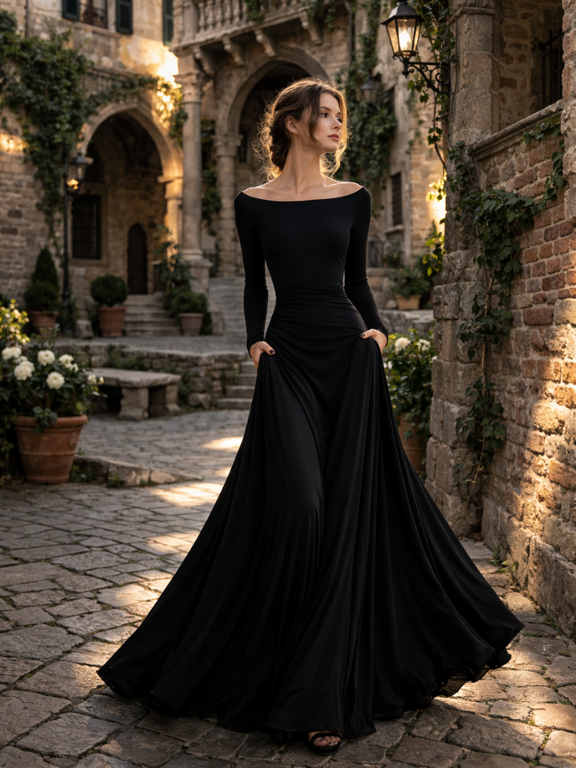 Damen Maxikleid langarm mit Drapierung Jully