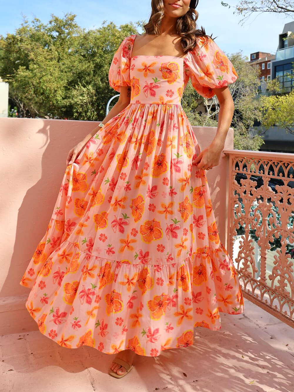 Damen Maxikleid mit Puffärmeln und Blumendruck Jully