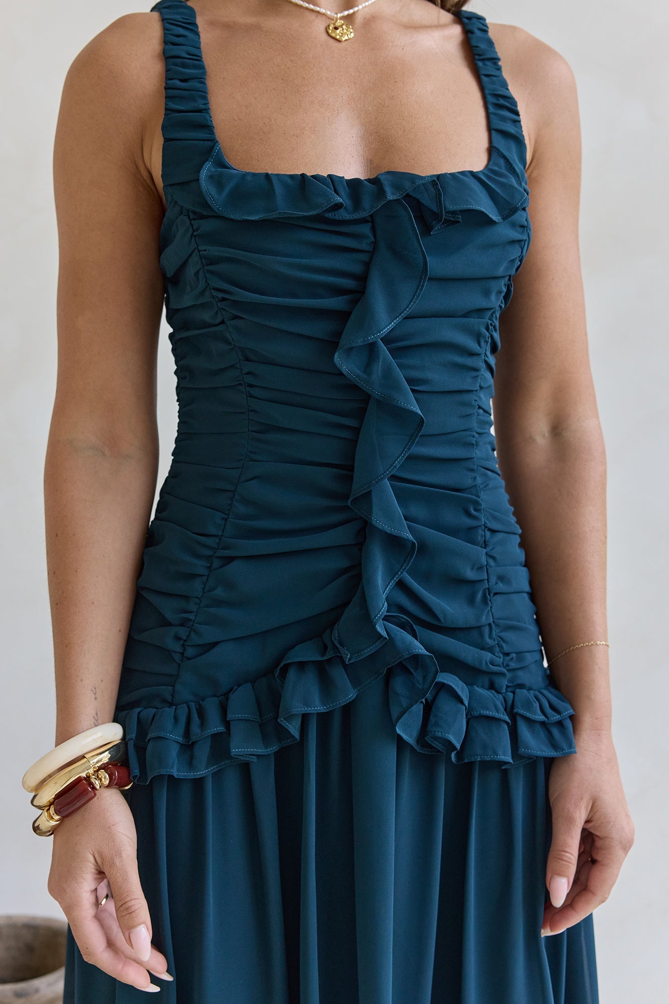 Damen Maxikleid mit Rüschendetails in Grün Jully