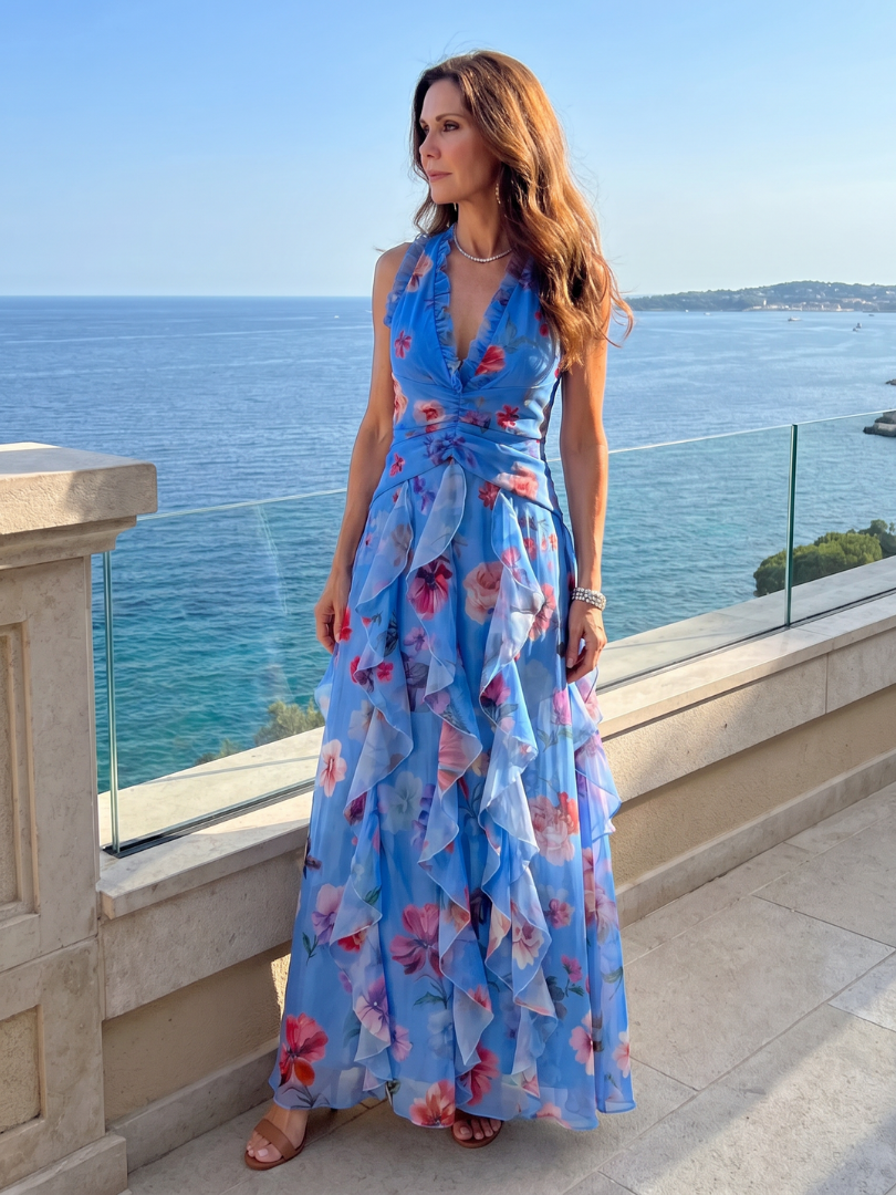 Damen Maxikleid mit Rüschendetails und Halterneck Jully