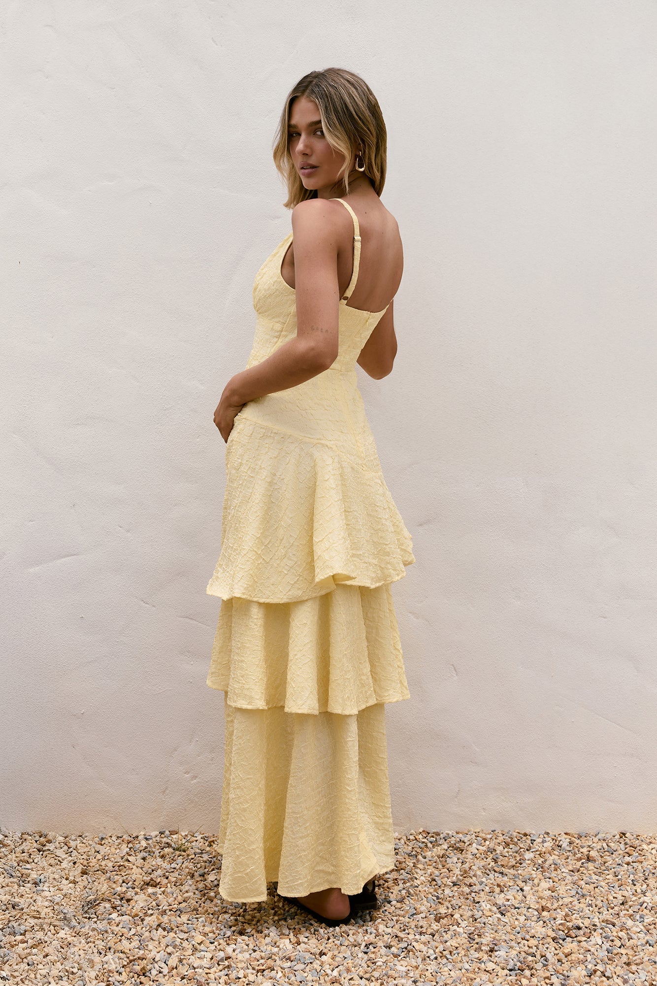 Damen Maxikleid mit V-Ausschnitt in Gelb Jully