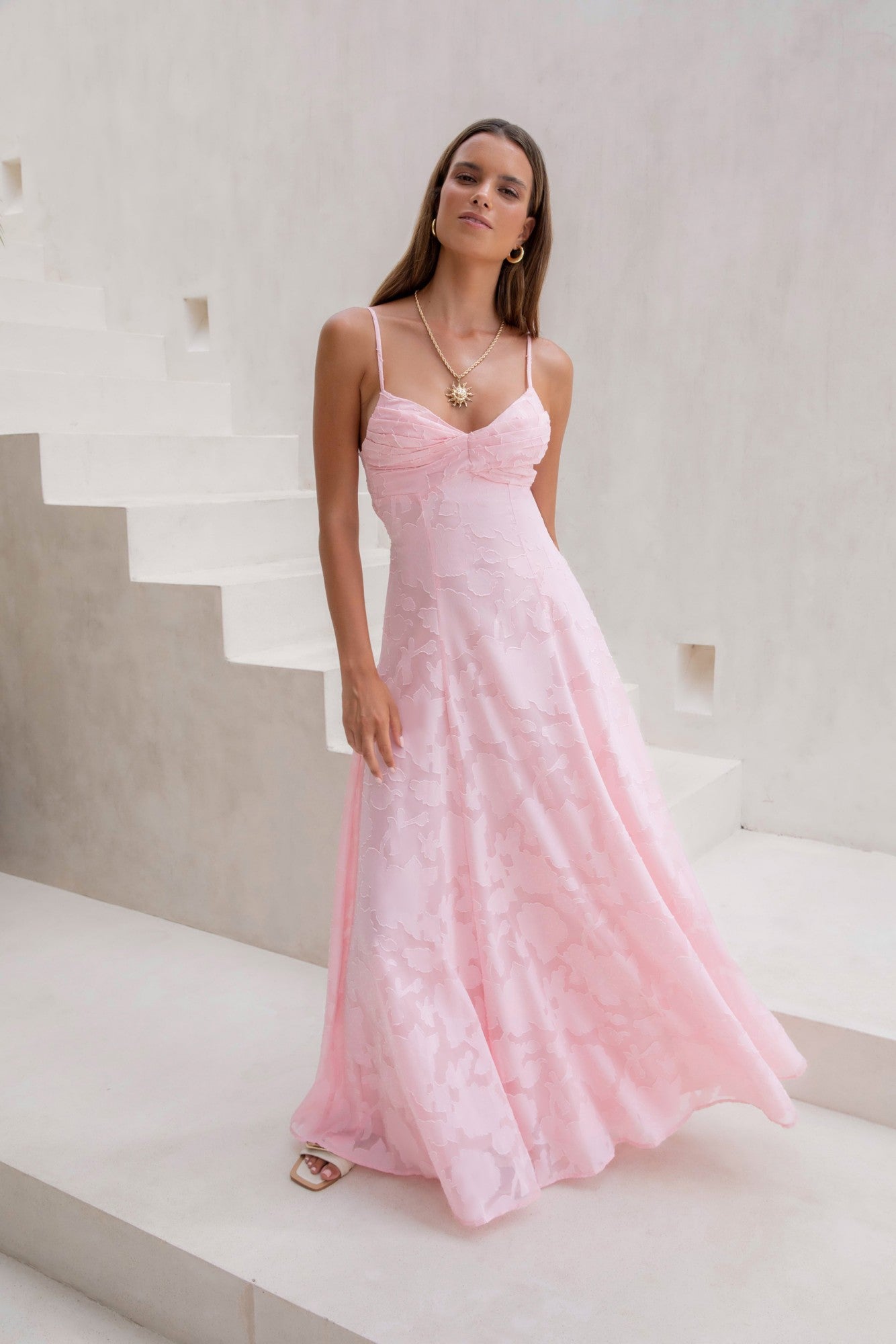 Damen Maxikleid mit V-Ausschnitt in Rosa Jully