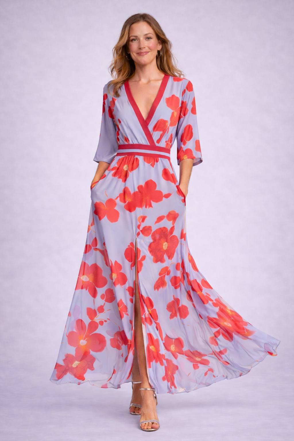 Damen Maxikleid mit V-Ausschnitt und floralem Design Jully