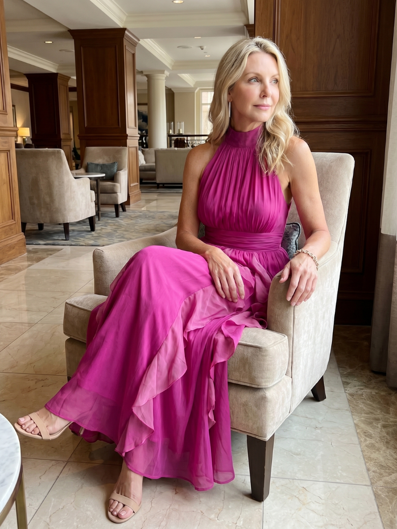 Damen Maxikleid mit hohem Hals und Rüschenschichten Jully