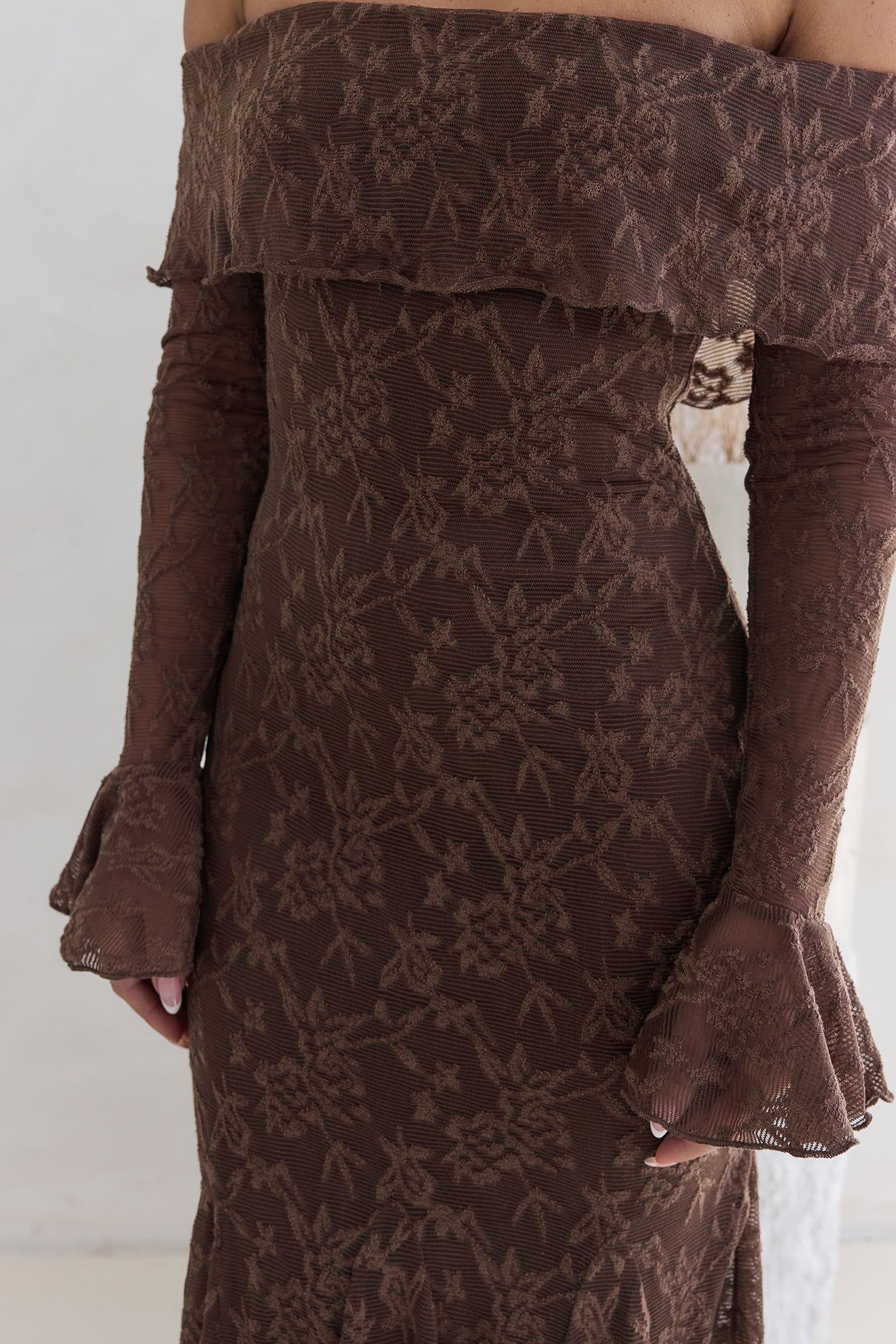 Damen Maxikleid schulterfrei mit langen Ärmeln Jully