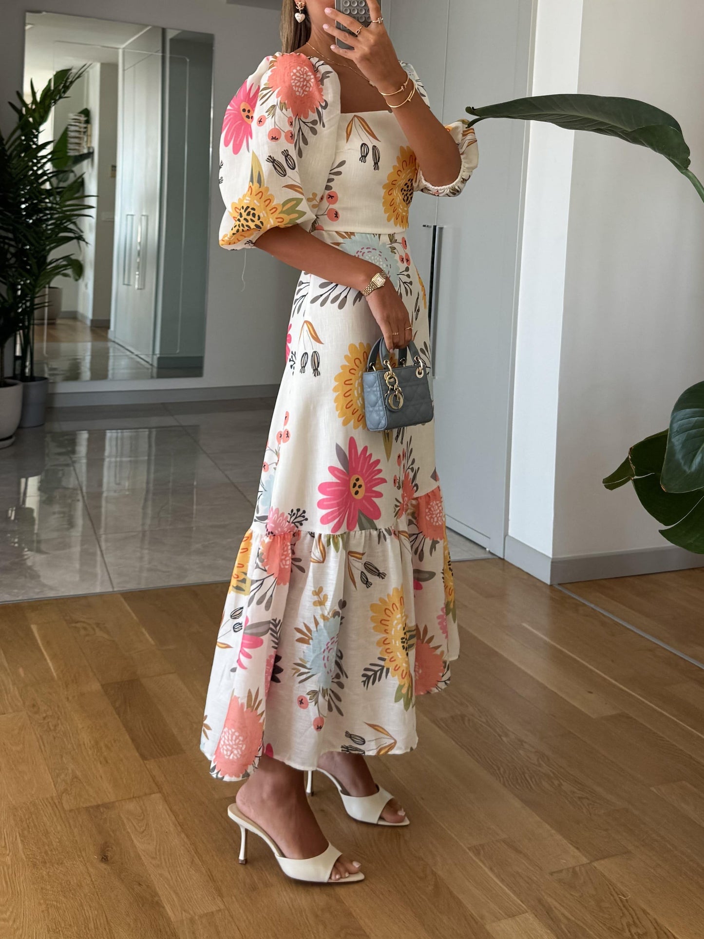 Damen Midikleid mit Blumenmuster und Puffärmeln Jully