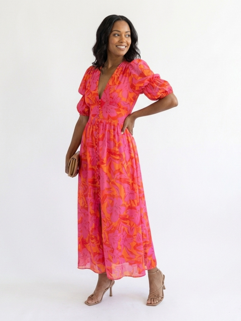 Damen Midikleid mit Puffärmeln aus leichtem Stoff Jully