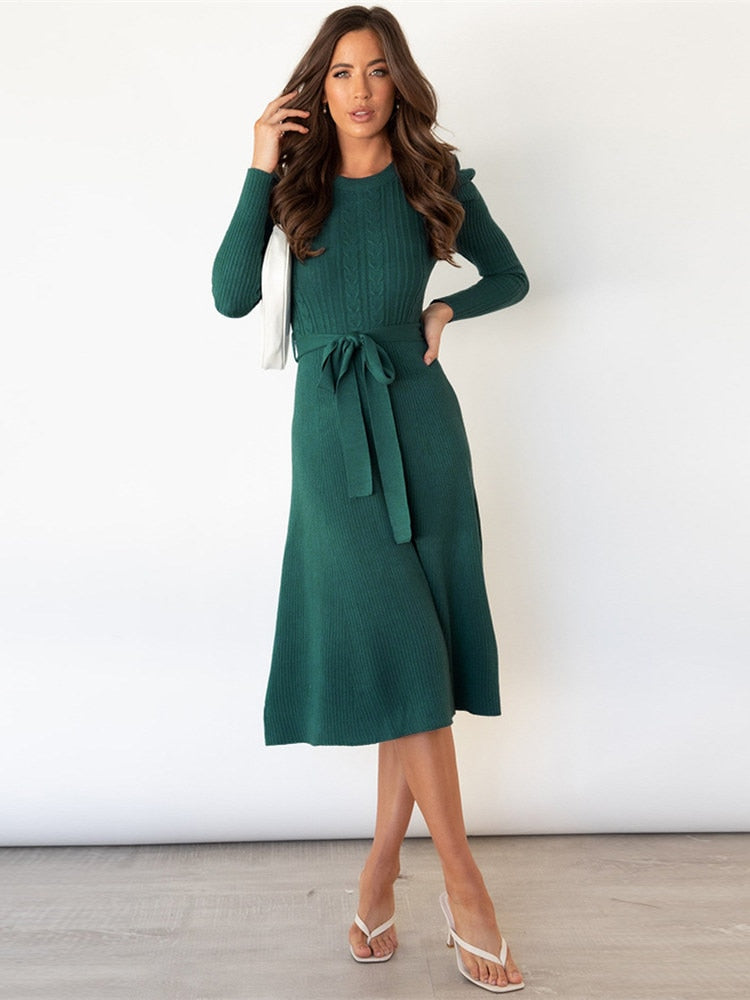 Damen Midikleid mit Rundhalsausschnitt und Gürtel Jully