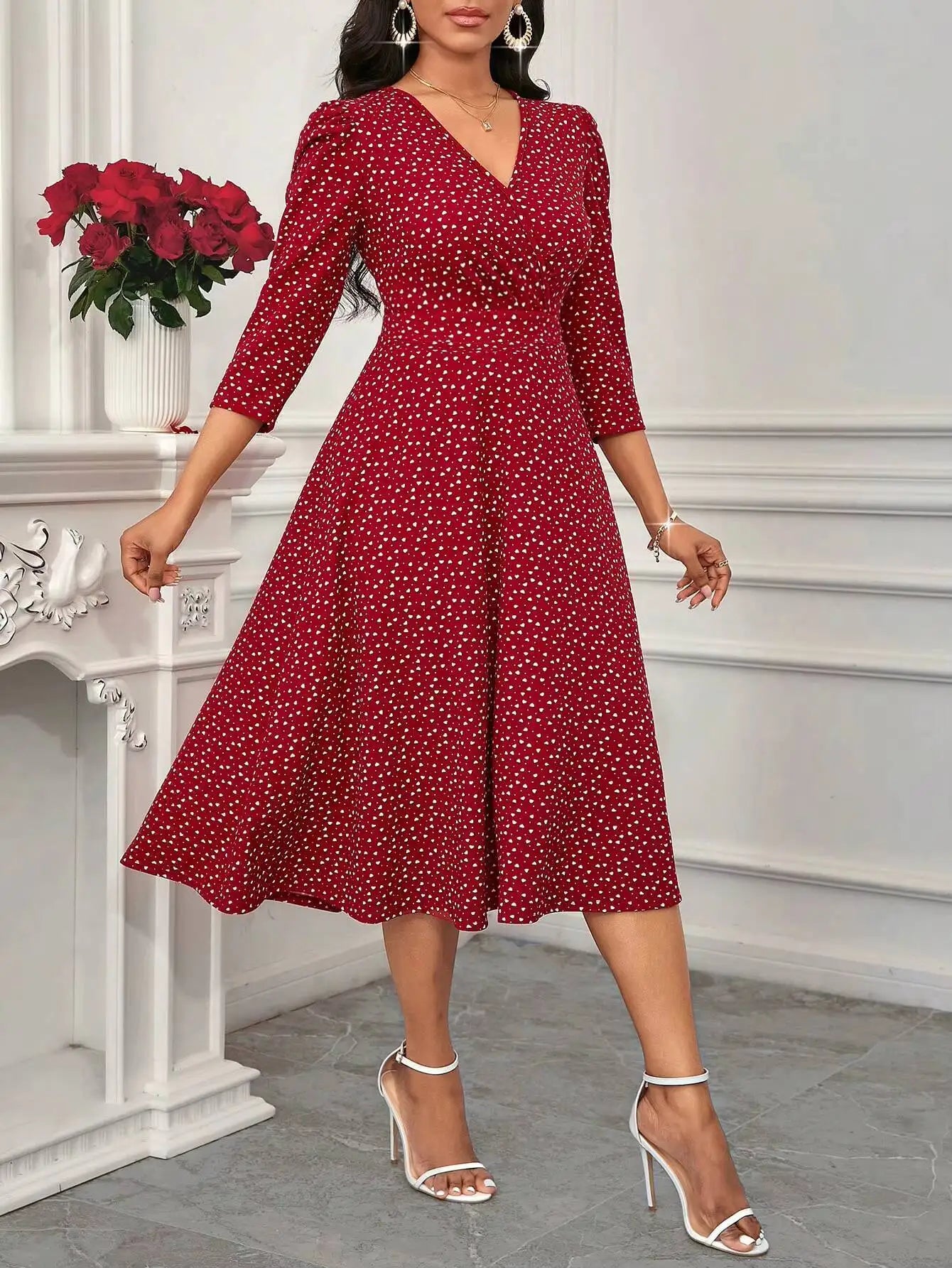 Damen Midikleid mit V-Ausschnitt und 3/4-Ärmeln Jully
