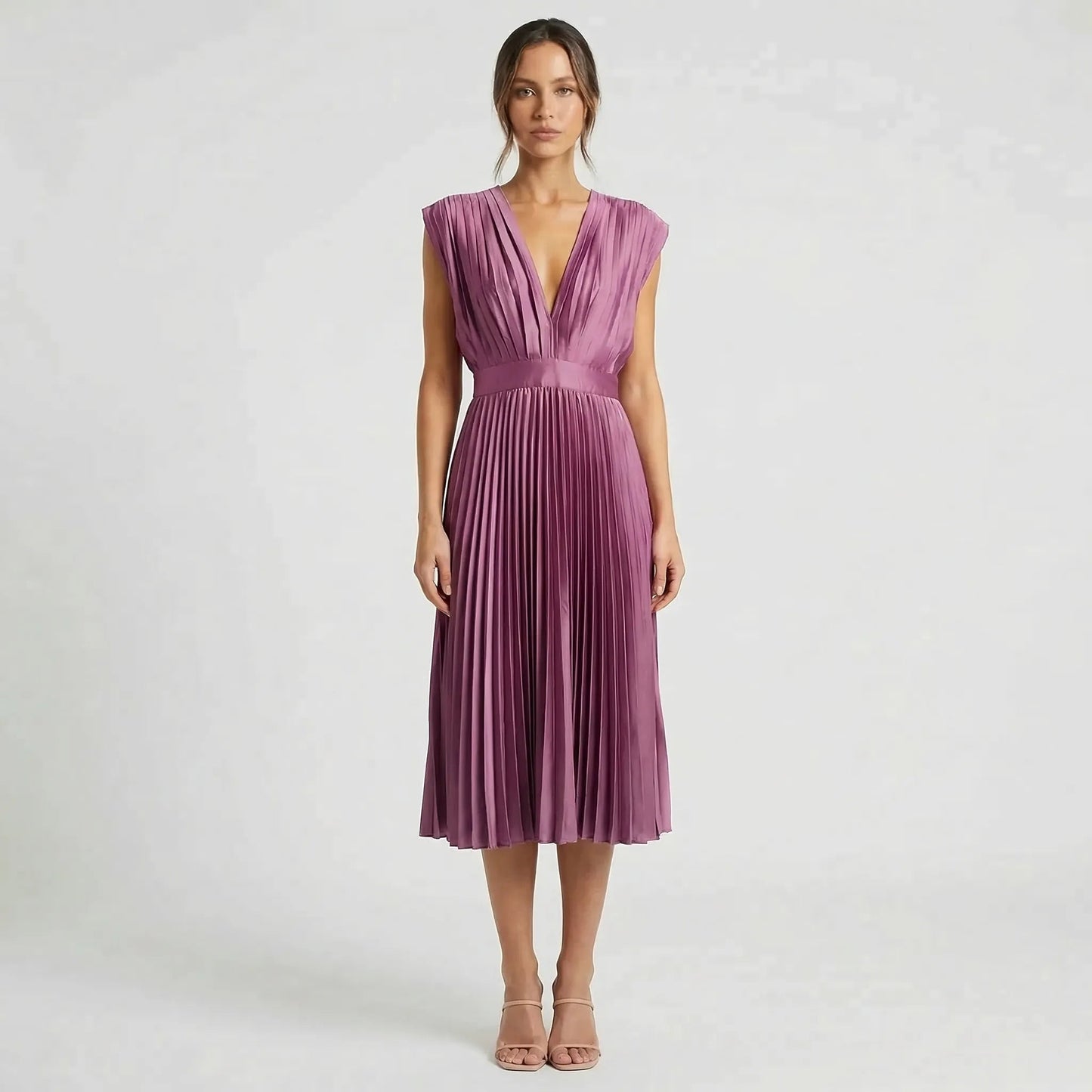Damen Midikleid mit plissiertem Rock und V-Ausschnitt Jully