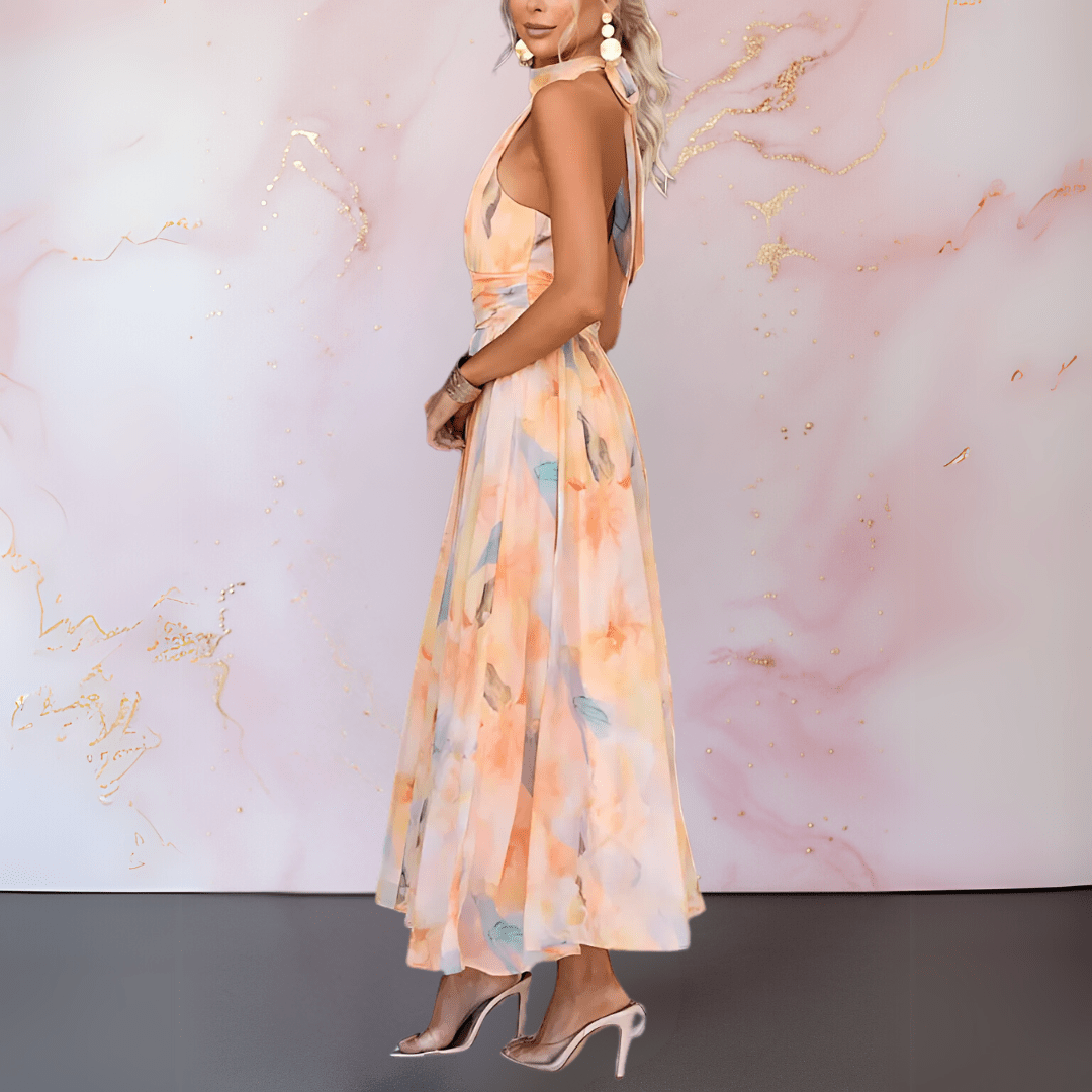 Damen Neckholder-Kleid mit Aquarelldruck in Maxi Länge Jully