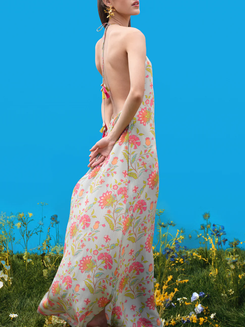 Damen Neckholder-Maxikleid mit handgezeichneten Drucken Jully