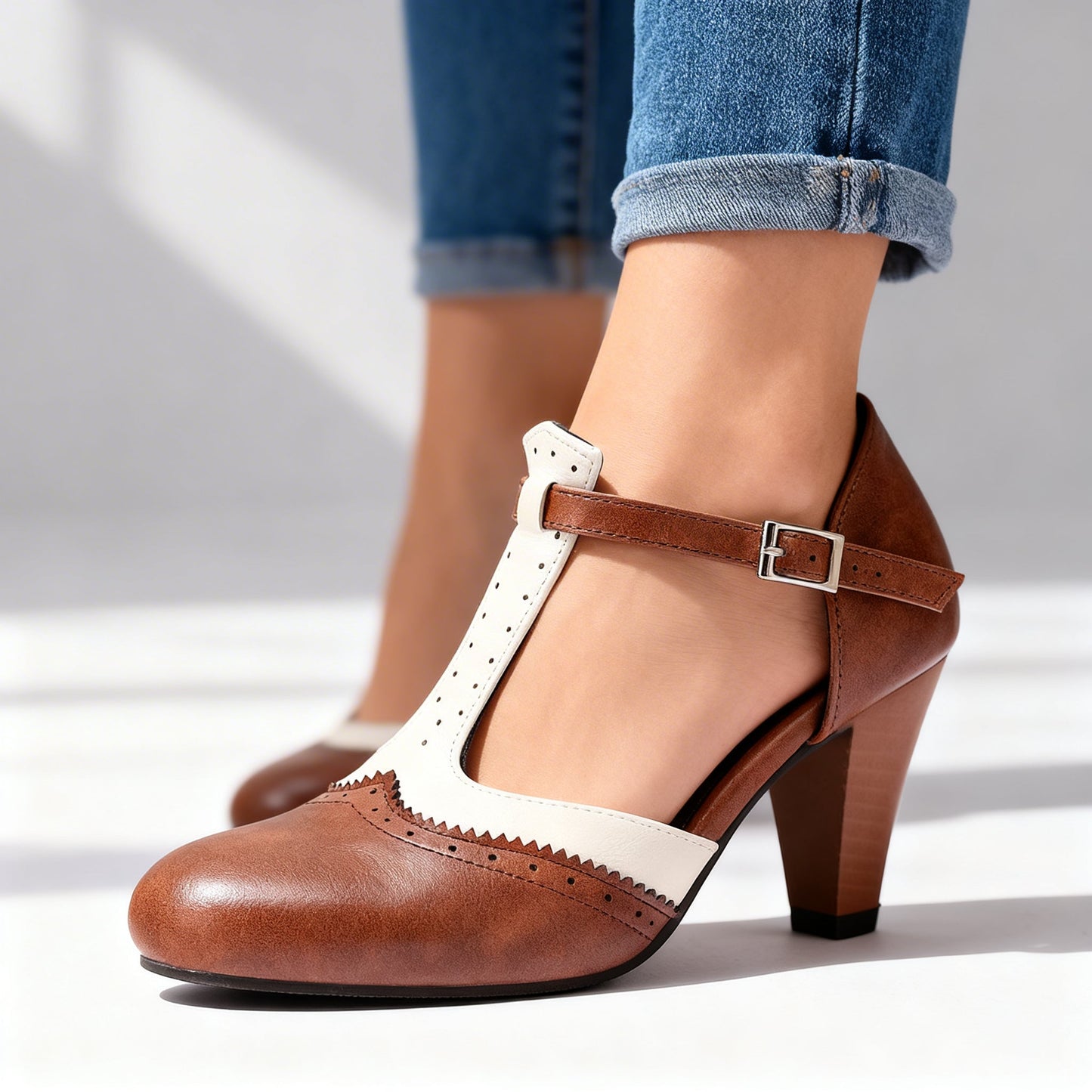 Damen Pumps schwarz mit T-Riemen und Vintage-Look Jully