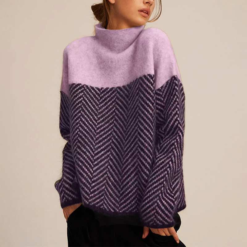 Damen Rollkragenpullover Langarm mit Fischgrätenmuster Jully