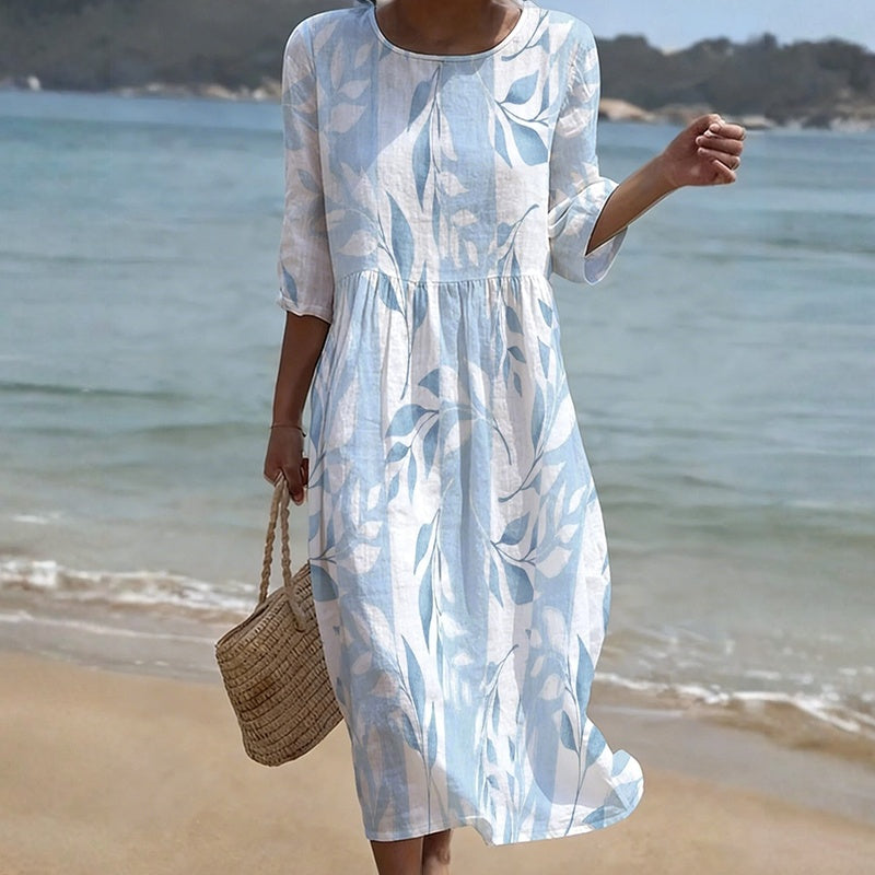 Damen Sommerkleid mit Blättermuster und Rundhalsausschnitt Jully