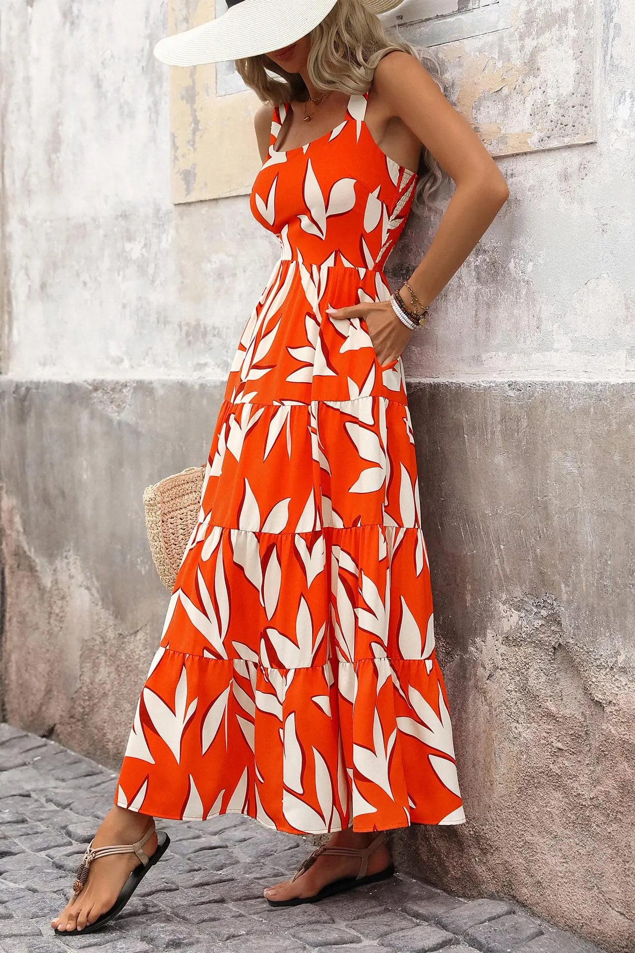 Damen Trägerkleid mit V-Ausschnitt und Blattmuster Jully