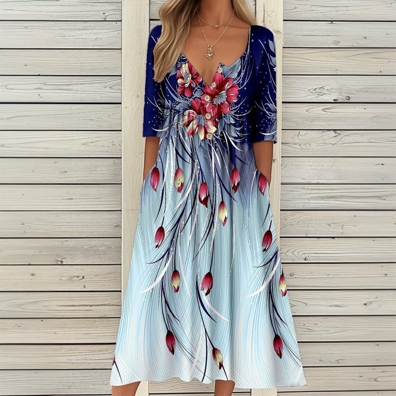 Damen Vintage-Kleid mit Blumendruck und V-Ausschnitt Jully