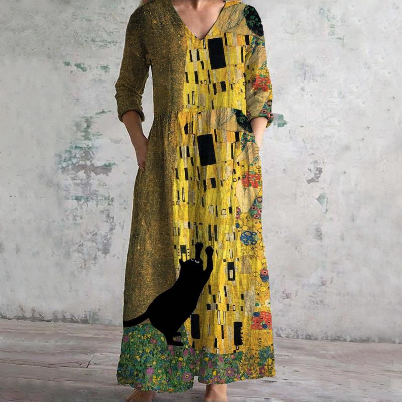 Damen Vintage-Kleid mit Katzenmuster und V-Ausschnitt Jully