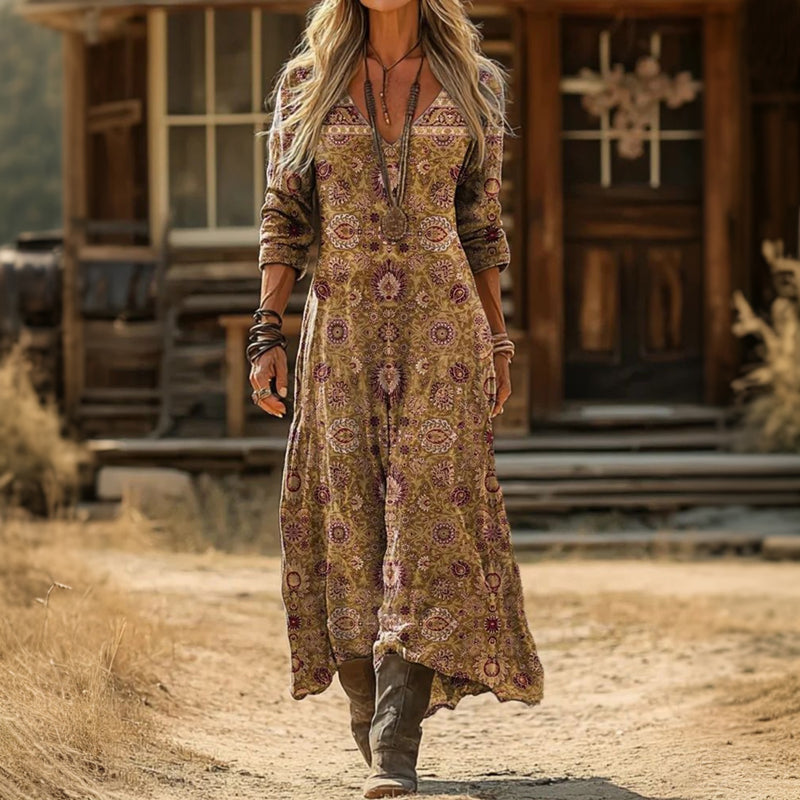 Damen Vintage-Kleid mit V-Ausschnitt und Ethnomuster Jully