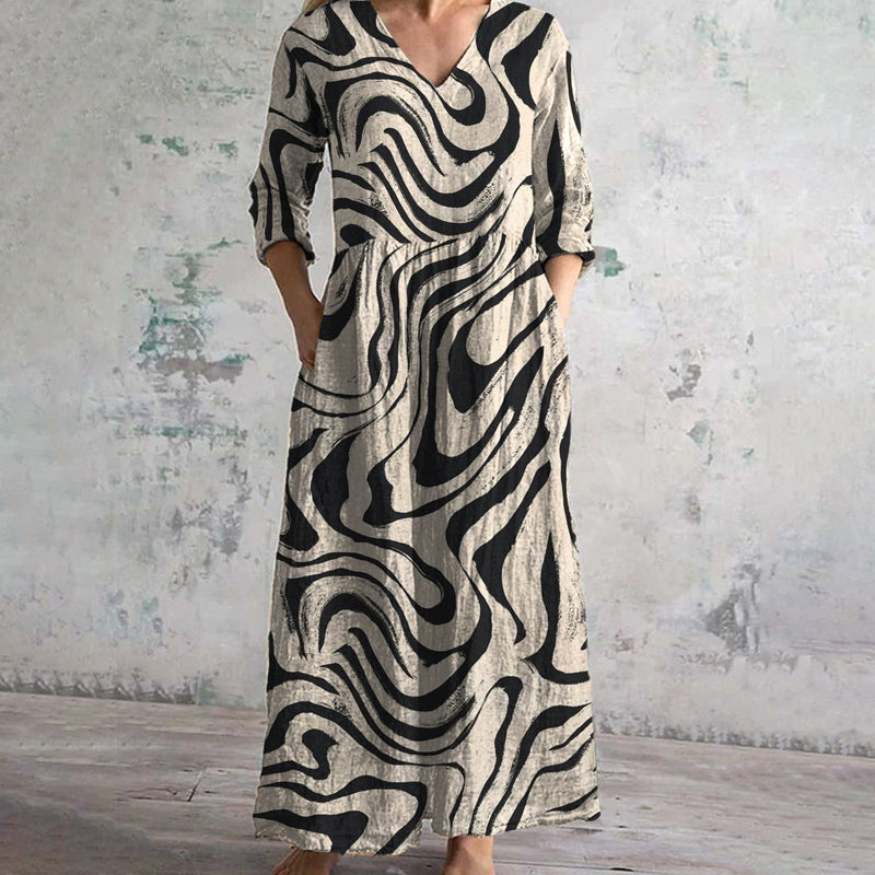 Damen Vintage Kleid mit V-Ausschnitt und langen Ärmeln Jully