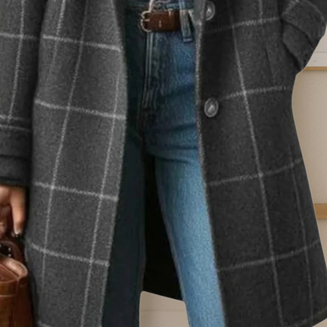 Damen lange Jacke mit elegantem Karomuster aus Tweed Jully