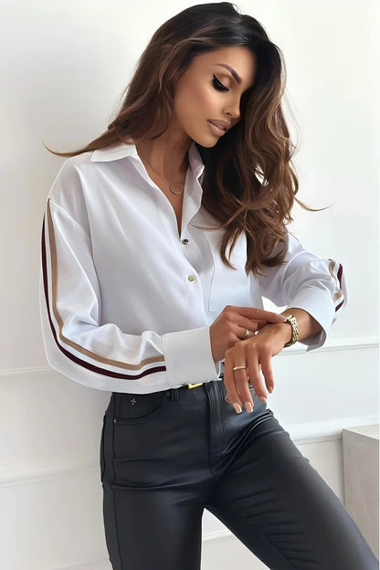 Women's Collared Shirt Stripe Sleeve Relaxed Fit