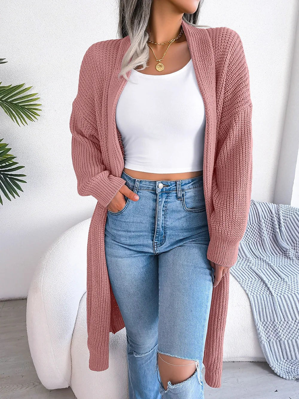 Women's Chunky Ribbed Open Cardigan Side Slits