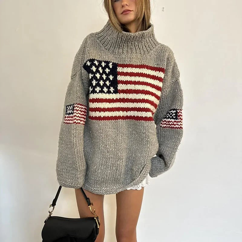 Women's Chunky Turtleneck Sweater American Flag Jacquard