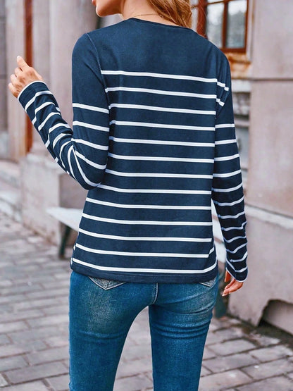 Women's Striped Henley Top Color Block Yoke