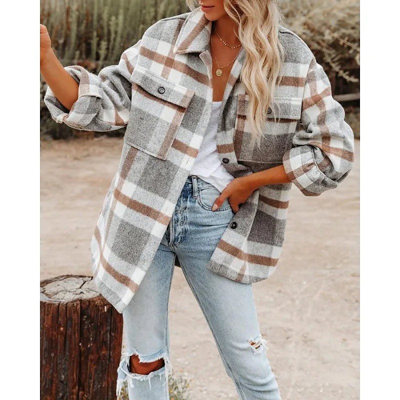 Women's Plaid Shacket Button Front Chest Pockets