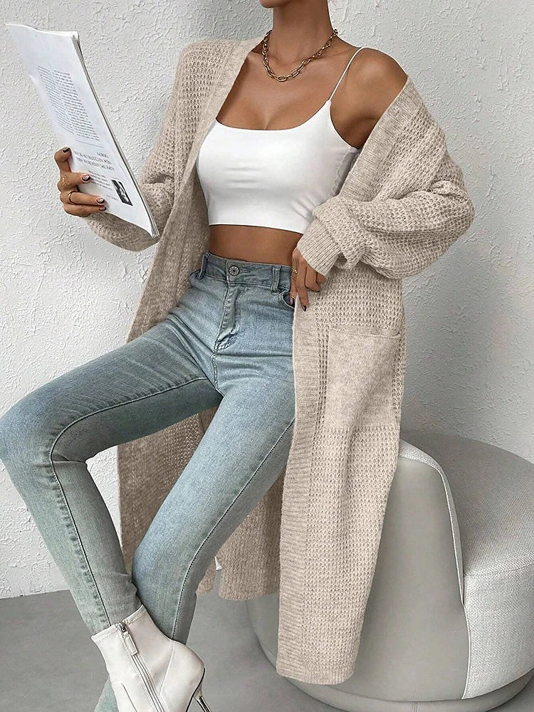 Women's Waffle Knit Duster Cardigan Side Slits