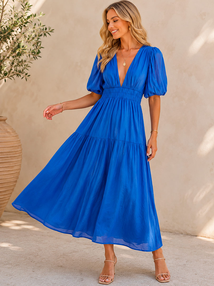 Damen Taillenkleid mit V-Ausschnitt in Midilänge Jully