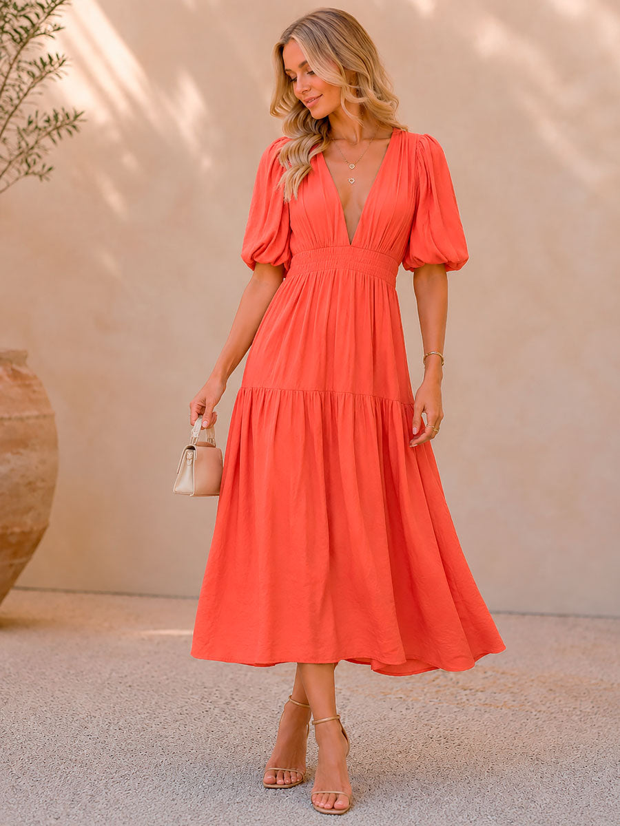 Damen Taillenkleid mit V-Ausschnitt in Midilänge Jully