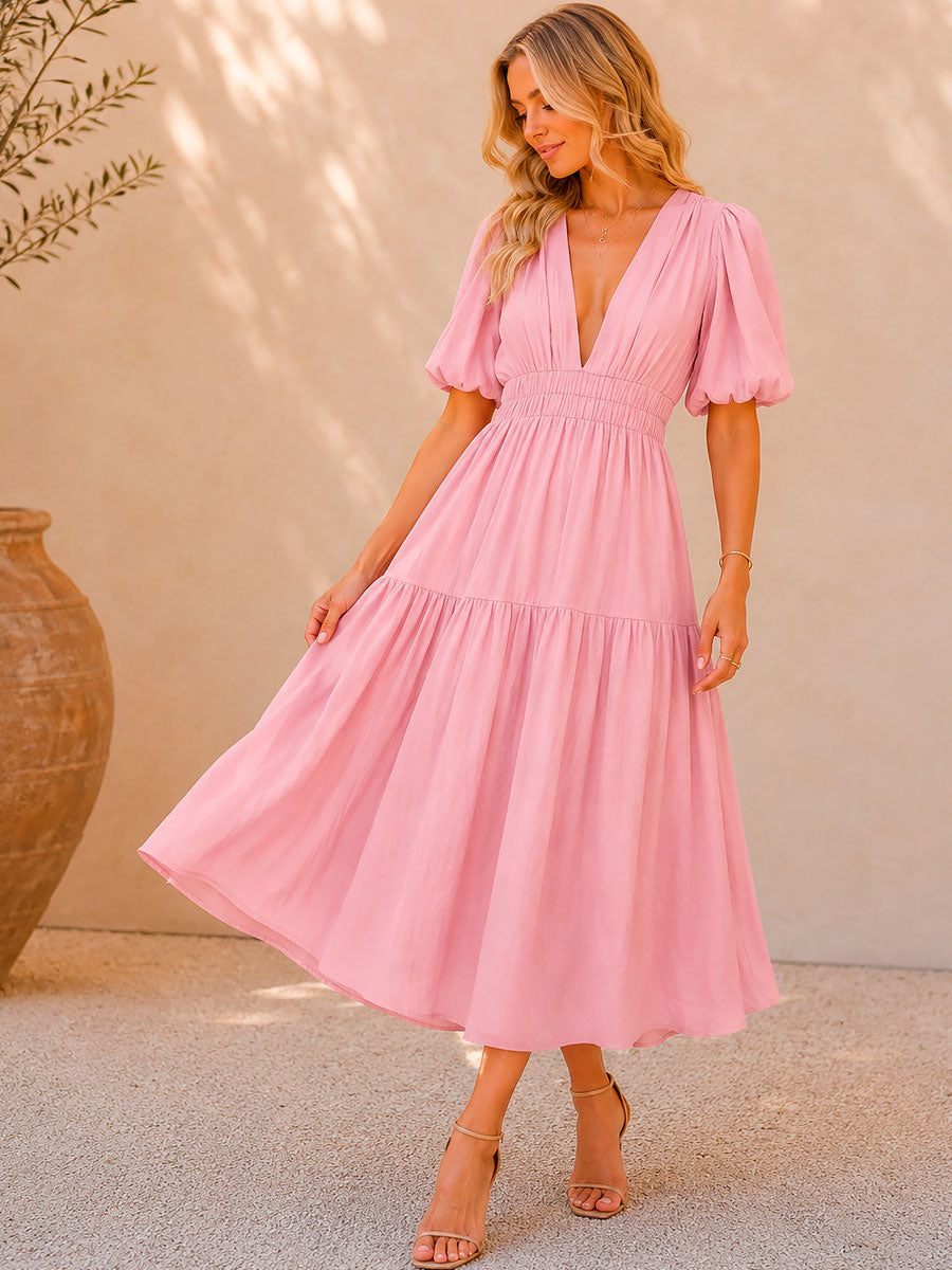 Damen Taillenkleid mit V-Ausschnitt in Midilänge Jully